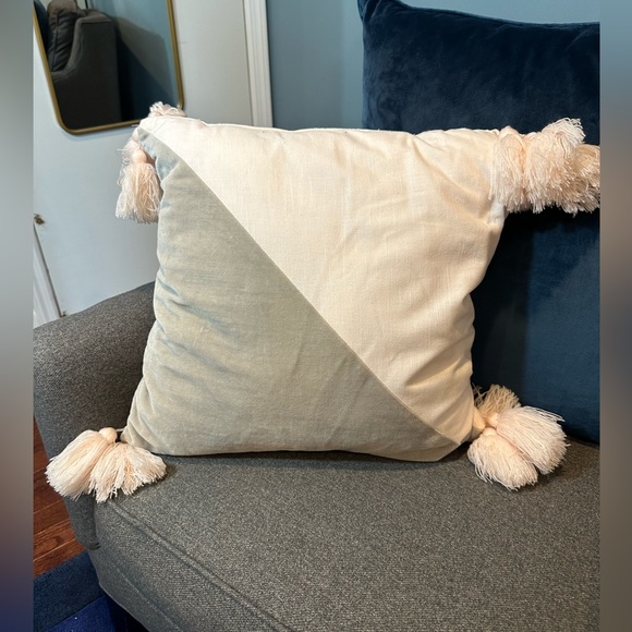 Target Pillowfort Pink Linen & Grey Velvet Square Throw Pillow with Pom Pom - Picture 3 of 7